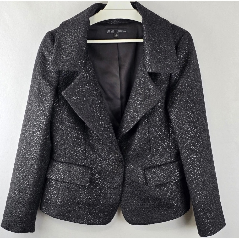 Lafayette 148 Blazer Women's 10 Black Sparkle Tweed Blazer‎ Shawl Collar Event - Picture 2 of 13